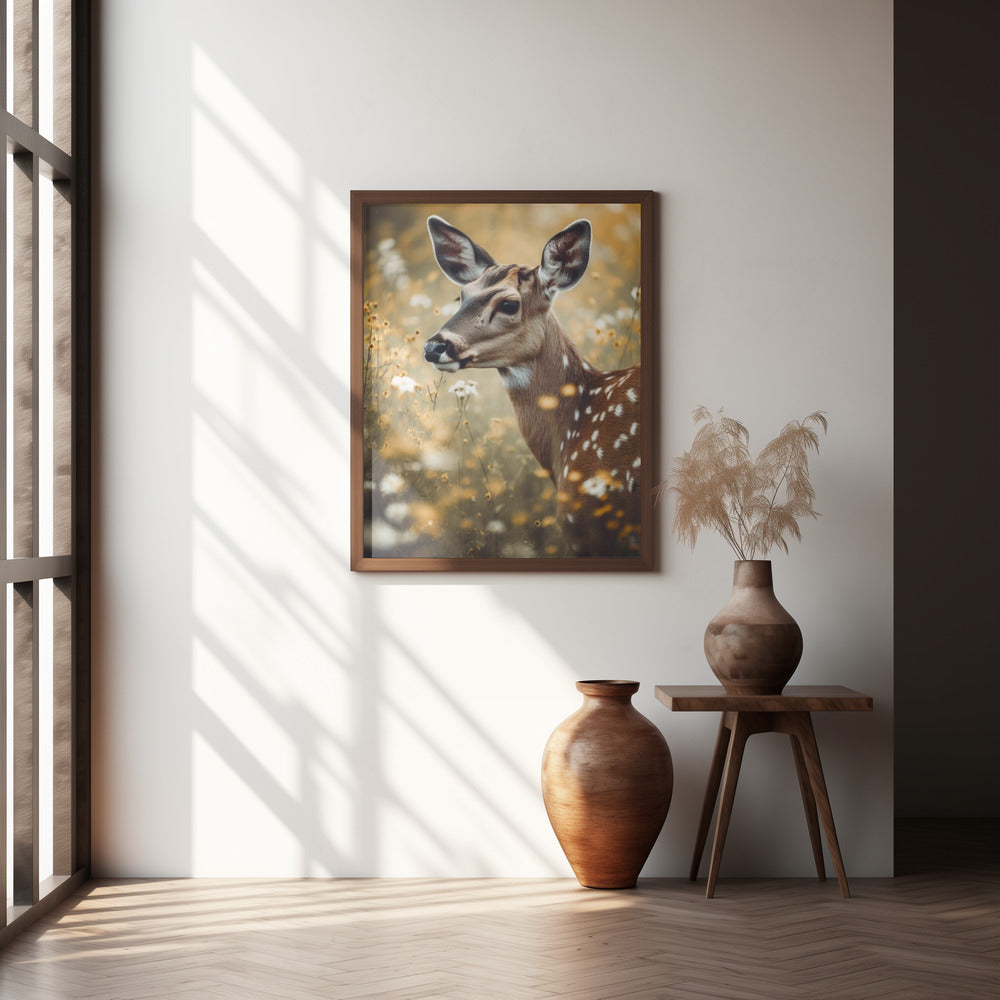 Deer In Flower Field Poster