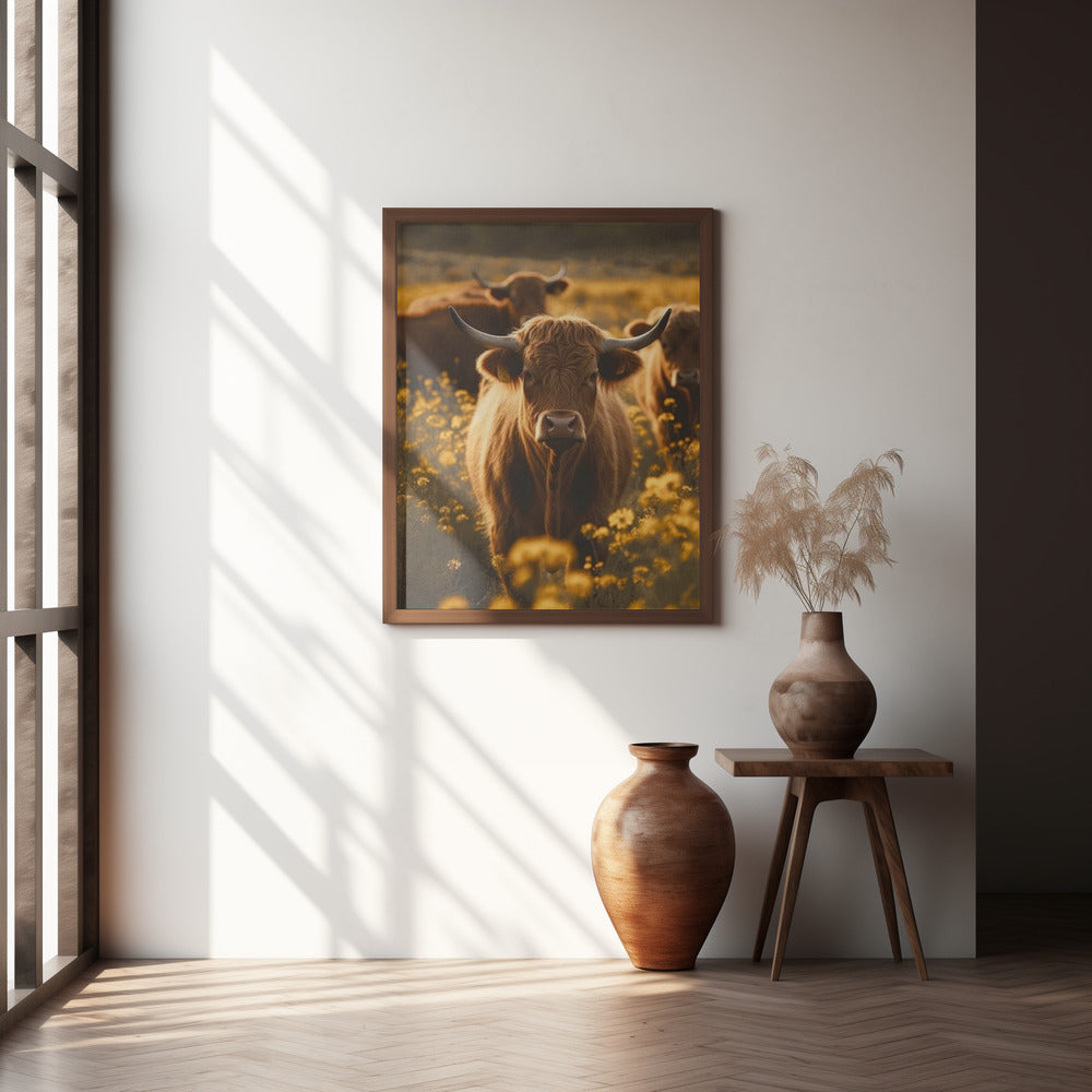 Highland Cows In Flower Field No 2 Poster