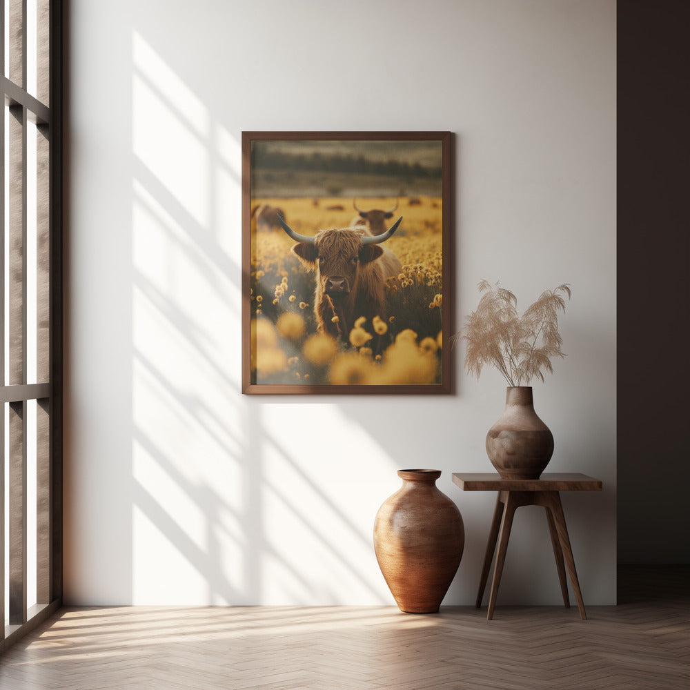 Highland Cows In Flower Field Poster