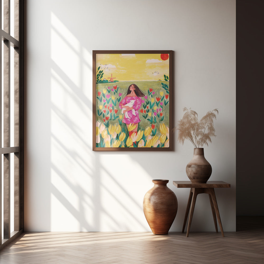 Woman in spring tulip field Poster