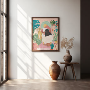 Woman taking bath in pink tropical bathroom Poster