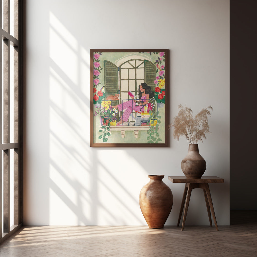 Woman reads on balcony Poster