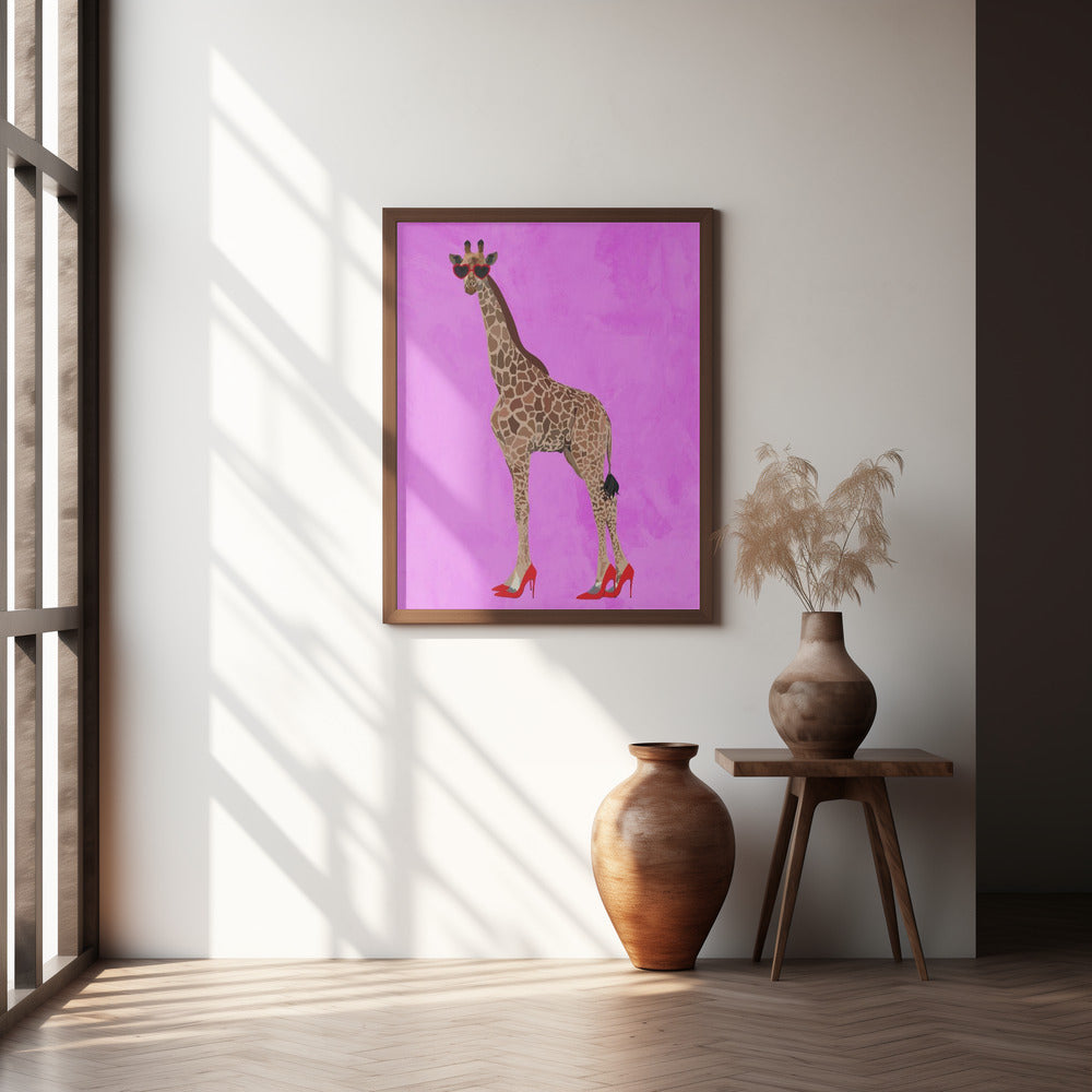 Giraffe wearing heels and heart glasses pink Poster