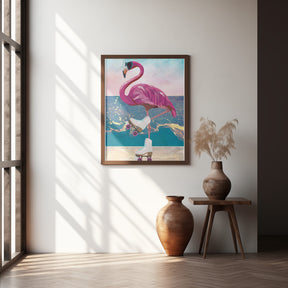 Flamingo rollerskating on the beach Poster