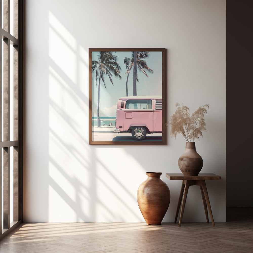 Pink Bus By the Beach Poster