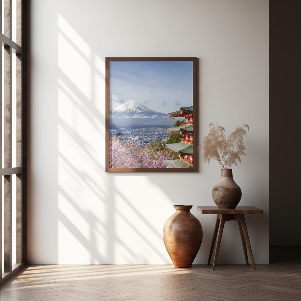 Unique view of Mount Fuji with Chureito Pagoda during cherry blossom season Poster