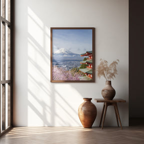 Unique view of Mount Fuji with Chureito Pagoda during cherry blossom season Poster