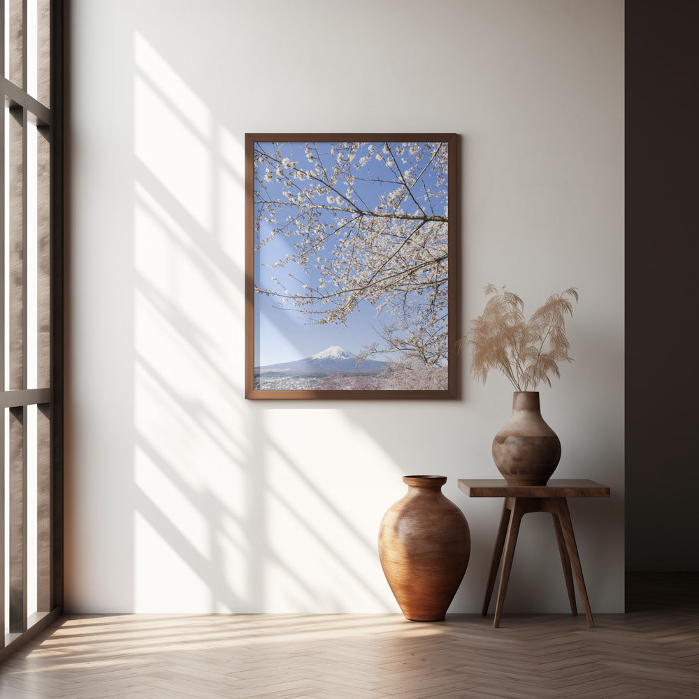 Charming view of Mount Fuji with cherry blossoms	 Poster