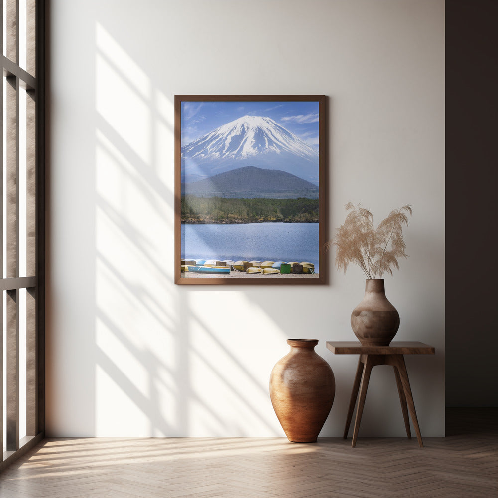 Picturesque Lake Shoji with striking Mount Fuji Poster