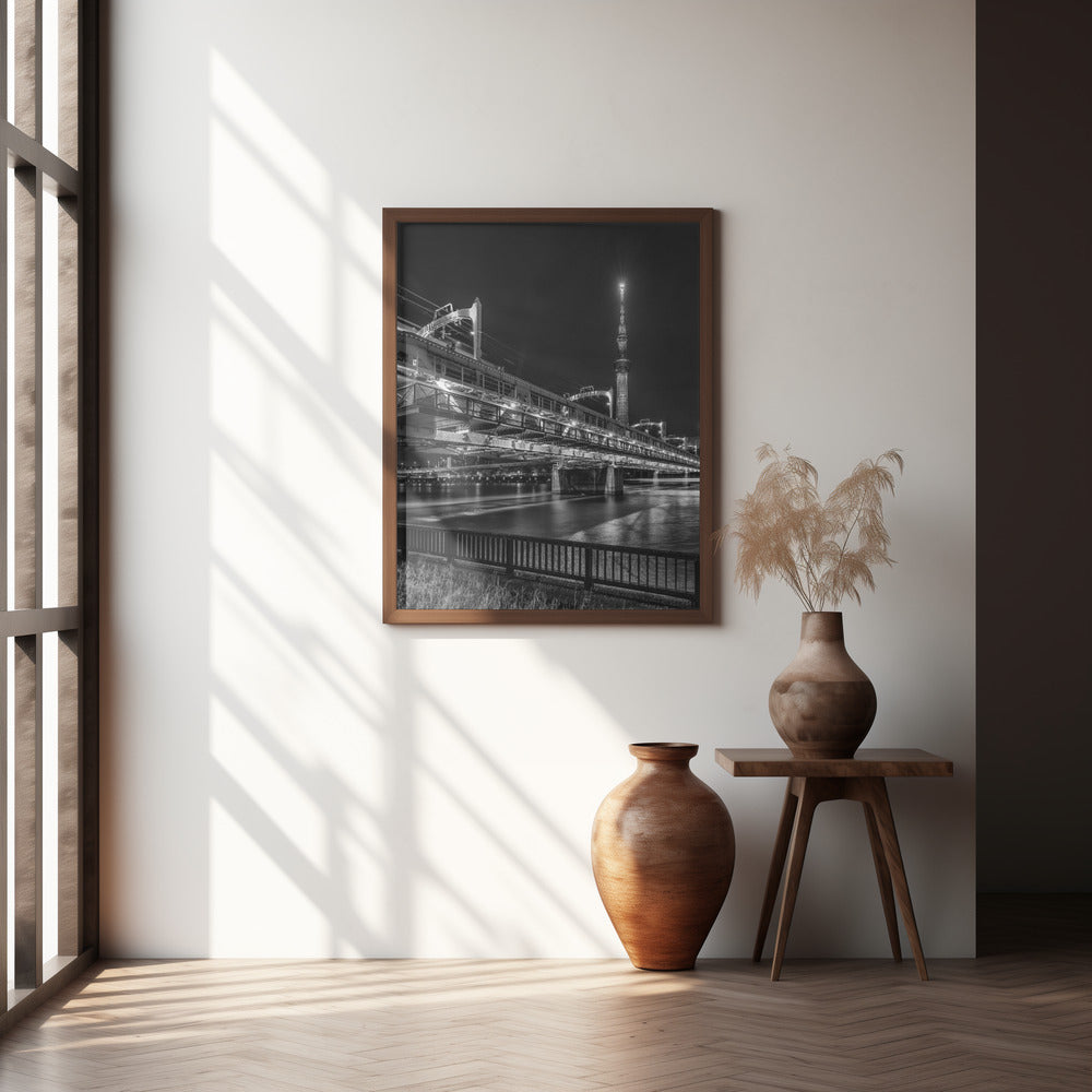 Tokyo Skytree with Sumida River Walk at night - monochrome Poster