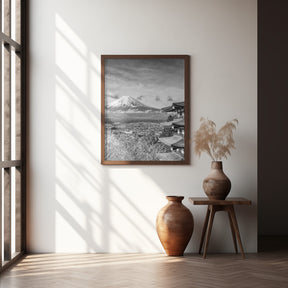 Unique view of Mount Fuji with Chureito Pagoda during cherry blossom season - monochrome Poster