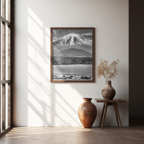 Picturesque Lake Shoji with striking Mount Fuji - monochrome Poster