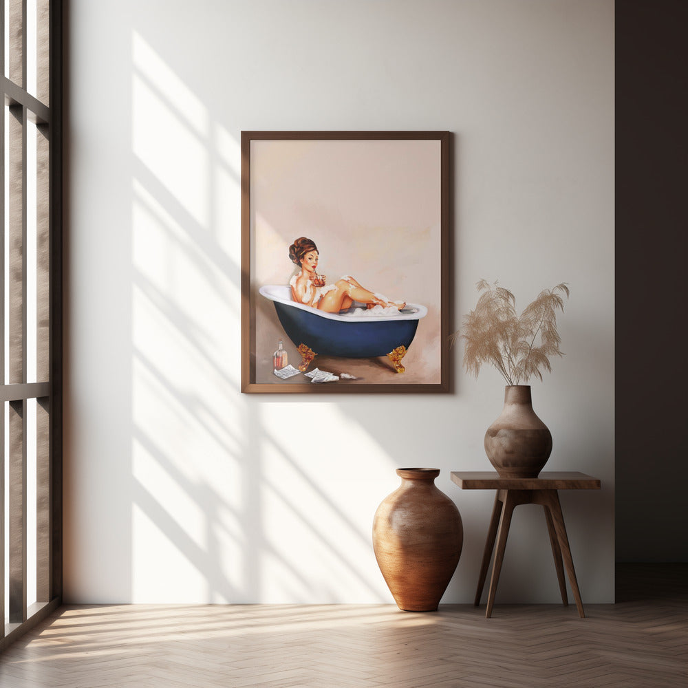 Bathtub Drinks: Pinup Girl Drinking In Bathroom Poster