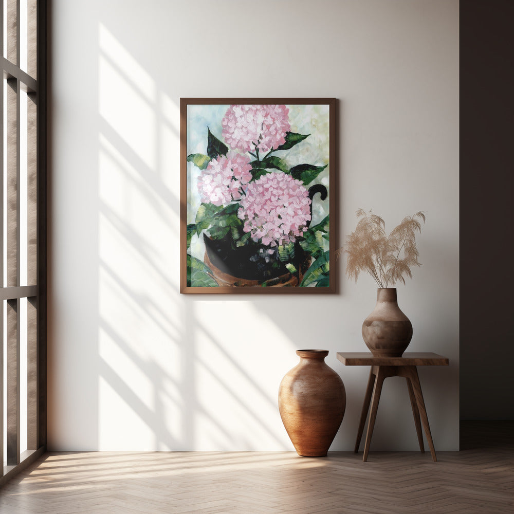 Potted pink hydrangeas Poster