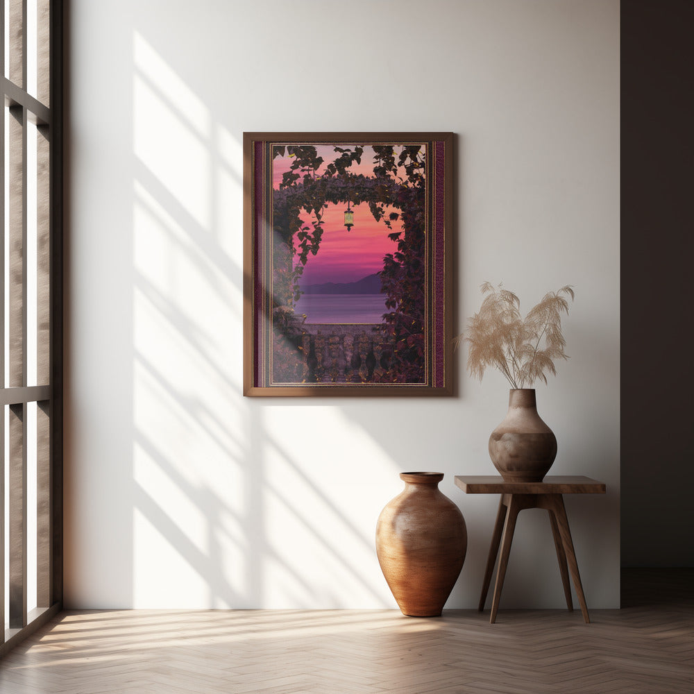 Sunset view with ornate &amp; gold burgundy frame Poster