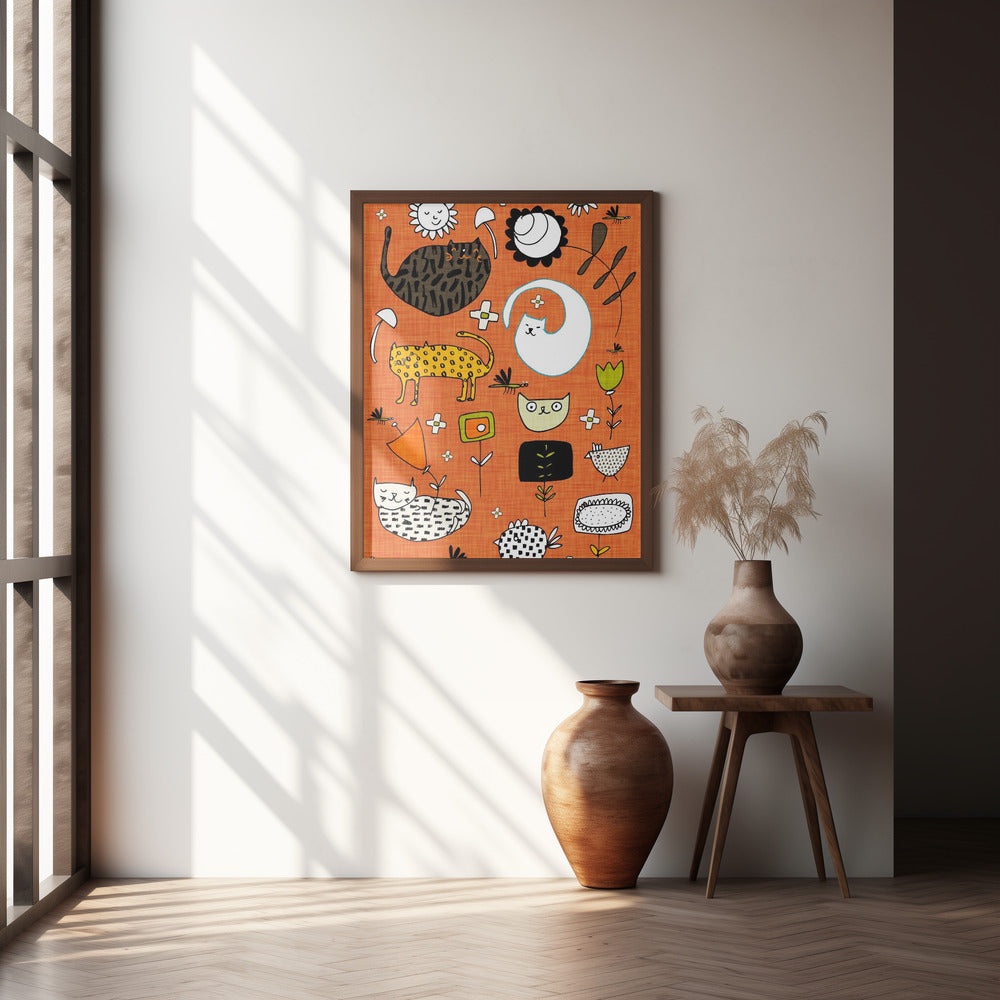 Spring Cat Orange - Cute Whimsical Cats with Flowers Poster