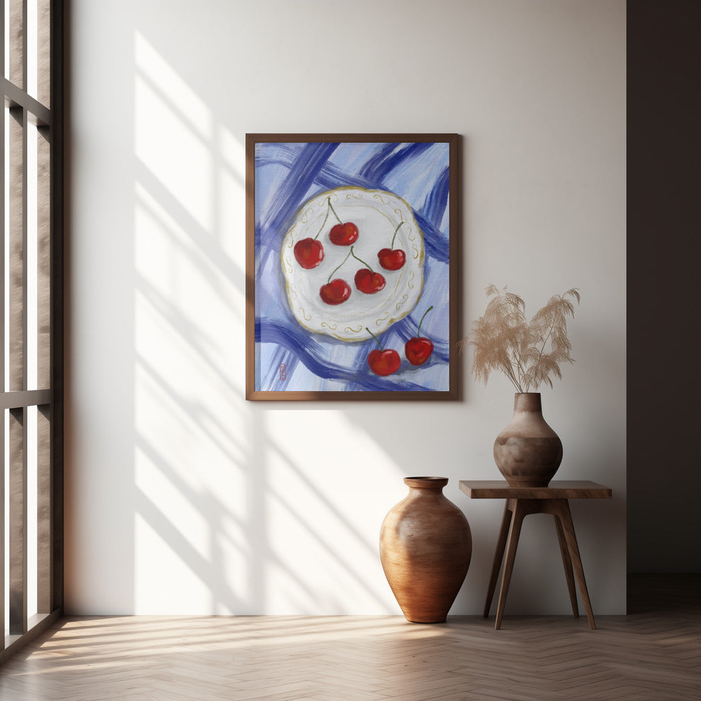 A Plate of Cherries Food Painting Poster