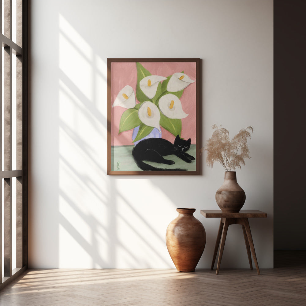 Lilies In a Vase and a Black Cat  - Still Life Illustration Poster