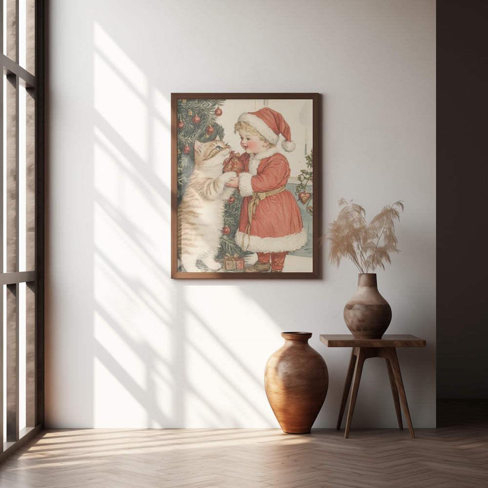 Christmas Kid and Cat Poster