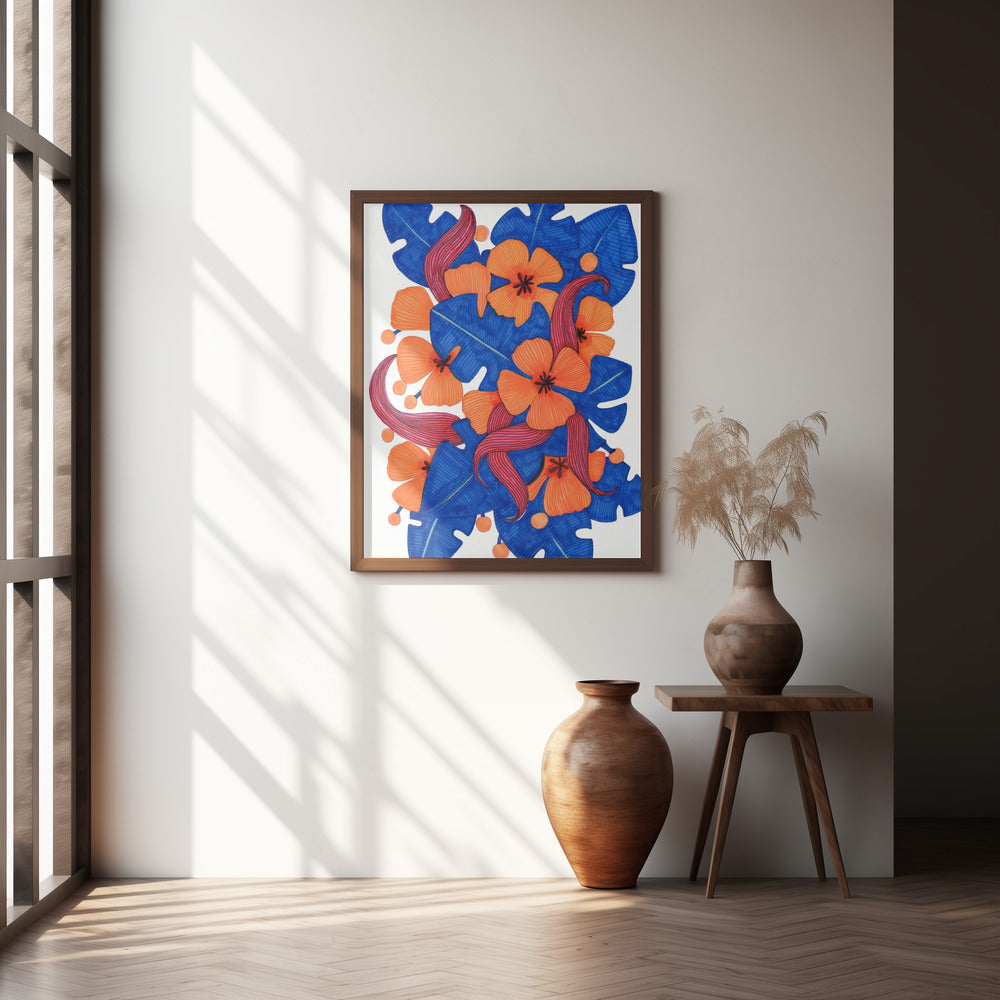 Hawaiian Orange and Blue Florals Poster