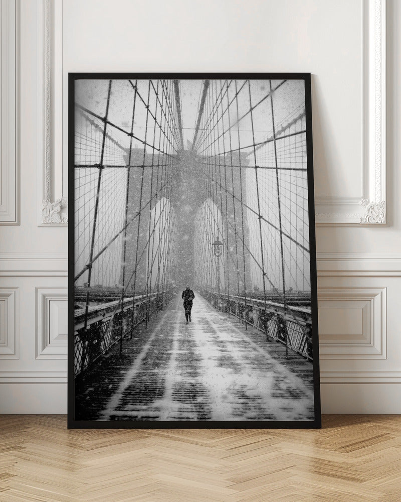 New York Walker in Blizzard - Brooklyn Bridge Poster