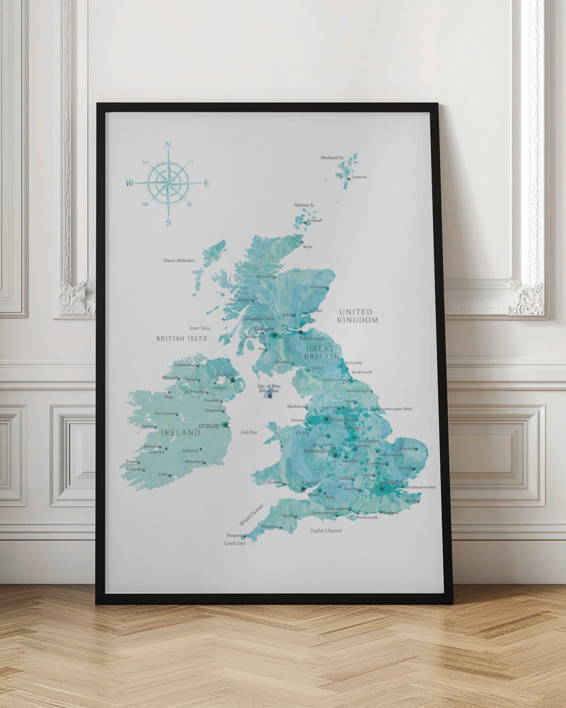 Aquamarine watercolor map of the United Kingdom Poster