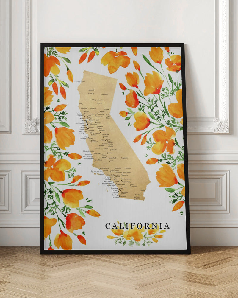 California map with watercolor poppies Poster