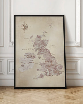 Sepia map of the United Kingdom Poster