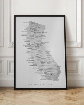 Grayscale watercolor map of California with cities Poster