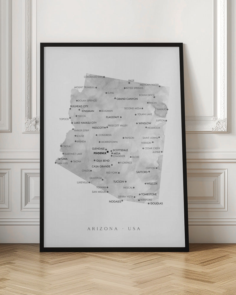 Grayscale watercolor map of Arizona, USA Poster