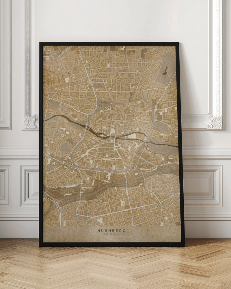 Sepia vintage map of Nürnberg downtown Germany Poster