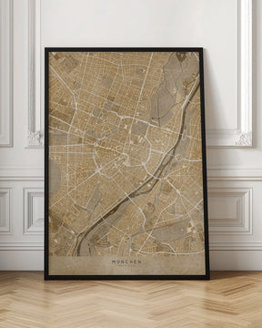 Sepia vintage map of Munich downtown Germany Poster