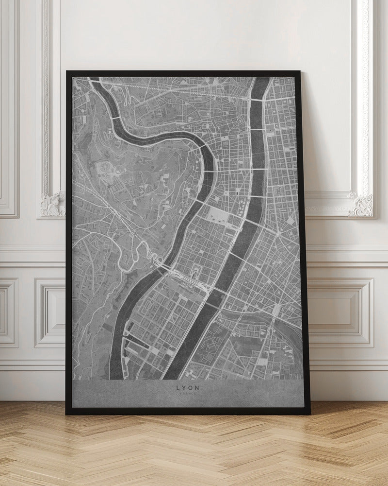 Gray vintage map of Lyon downtown France Poster