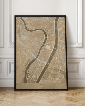 Sepia vintage map of Lyon downtown France Poster