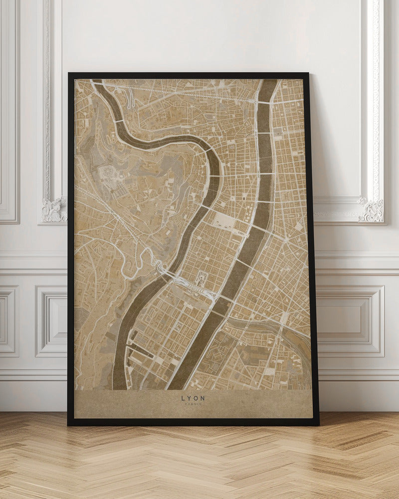 Sepia vintage map of Lyon downtown France Poster