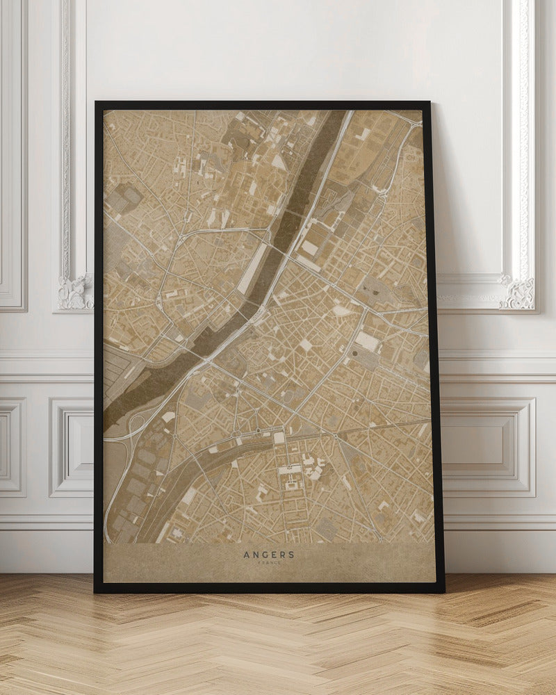 Sepia vintage map of Angers downtown France Poster