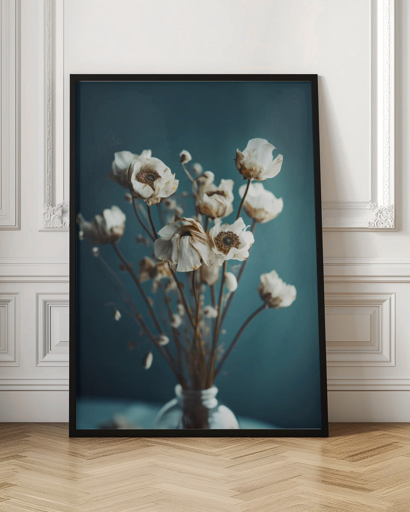 White Flowers On Turquoise Background Poster