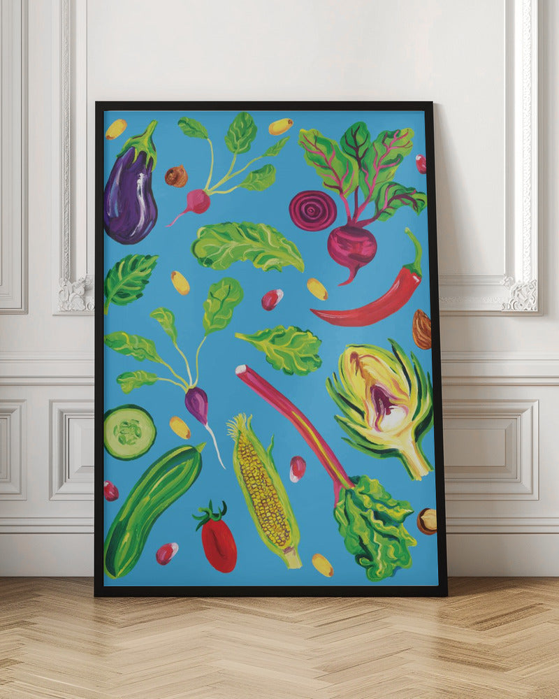 Spring Vegetables Blue Poster