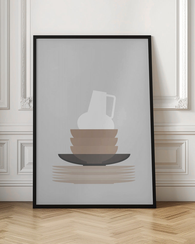 Dishes and vase in gray Poster