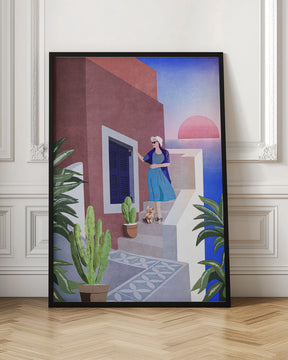 Lady and Cat In Santorini Poster