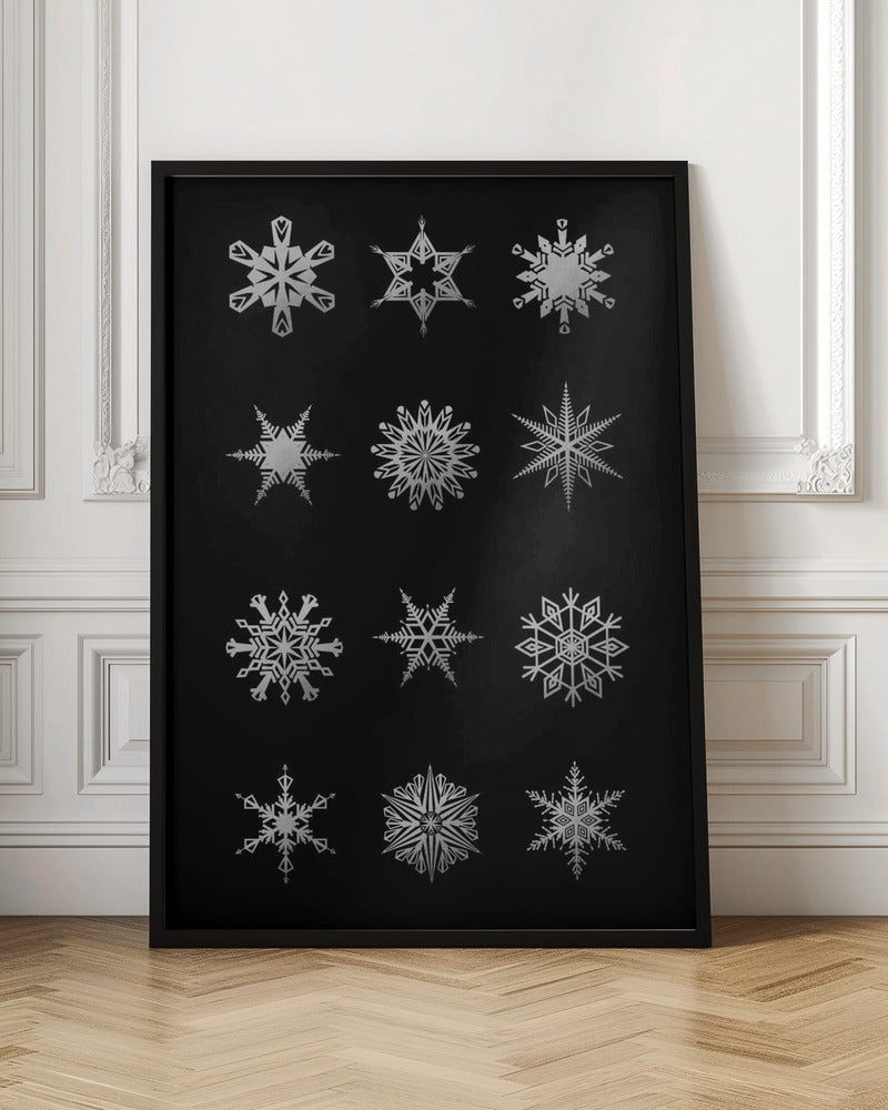 Twelve geometric snowflakes in black Poster