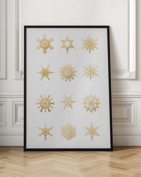 Twelve geometric snowflakes in gold Poster