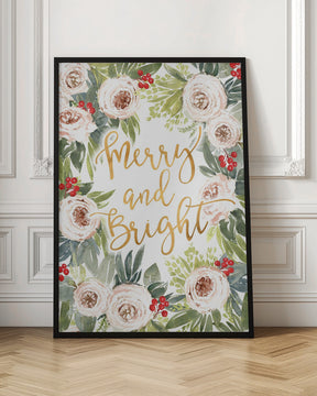 Merry and bright holiday roses and berries Poster