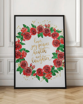 Holiday wishes wreath of red English roses Poster