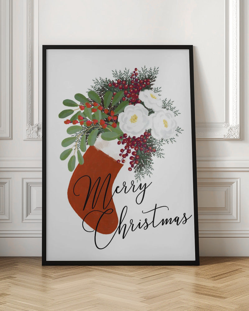 Floral Stocking Merry Christmas in white Poster