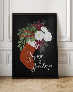 Floral Stocking Happy holidays in black Poster