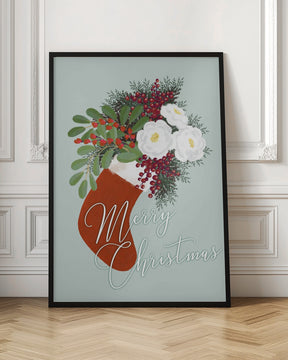 Floral Stocking Merry Christmas in mint Poster