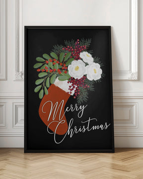 Floral Stocking Merry Christmas in black Poster