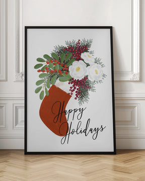 Floral Stocking Happy holidays in white Poster