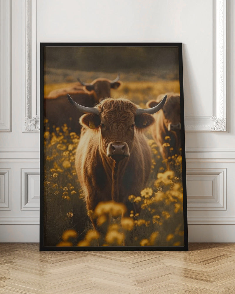 Highland Cows In Flower Field No 2 Poster